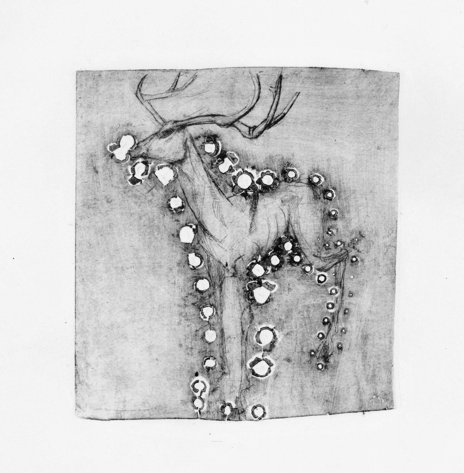 Joe Schactman, Etching, drawing, and burned holes on paper. Image courtesy of Lilly Dancyger.